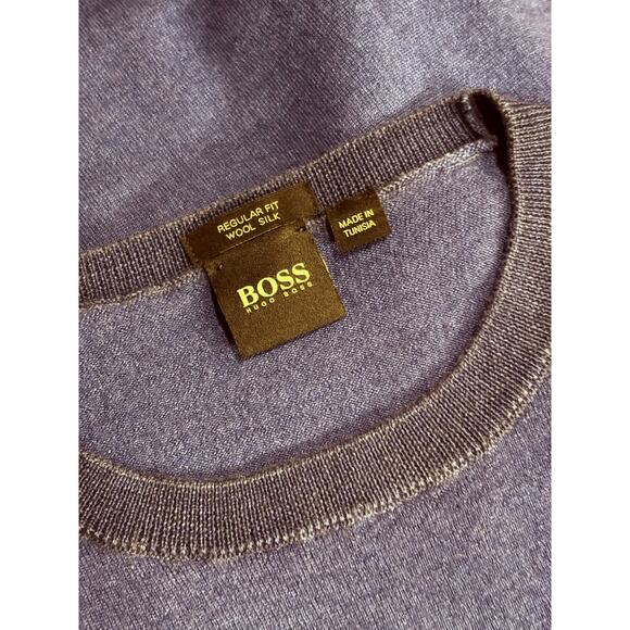 HUGO BOSS Sweater | Dark Blue Wool Silk Crewneck Regular Fit Eurochic | MEDIUM - Picture 8 of 8
